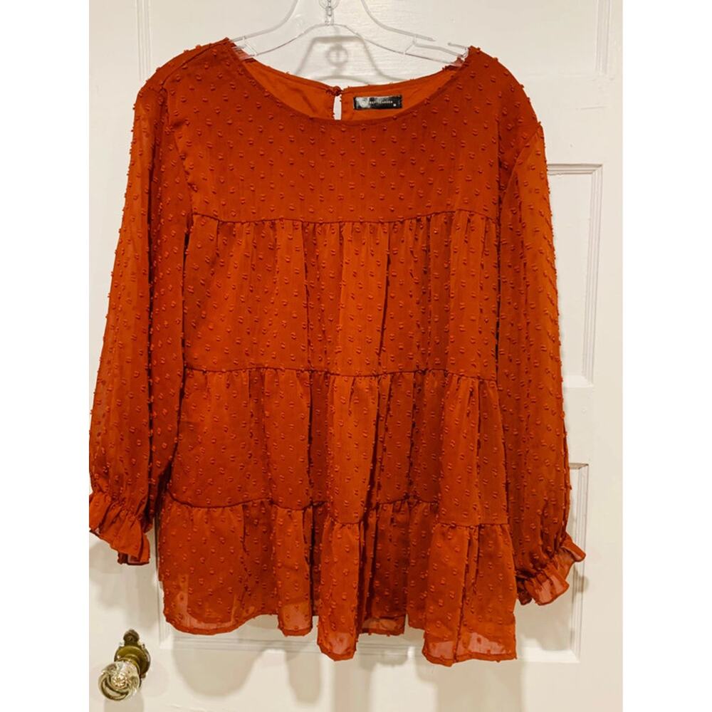 Pretty Garden Rust-Orange Top Swiss Dot Textured Fabric Long Sleeve Size Medium